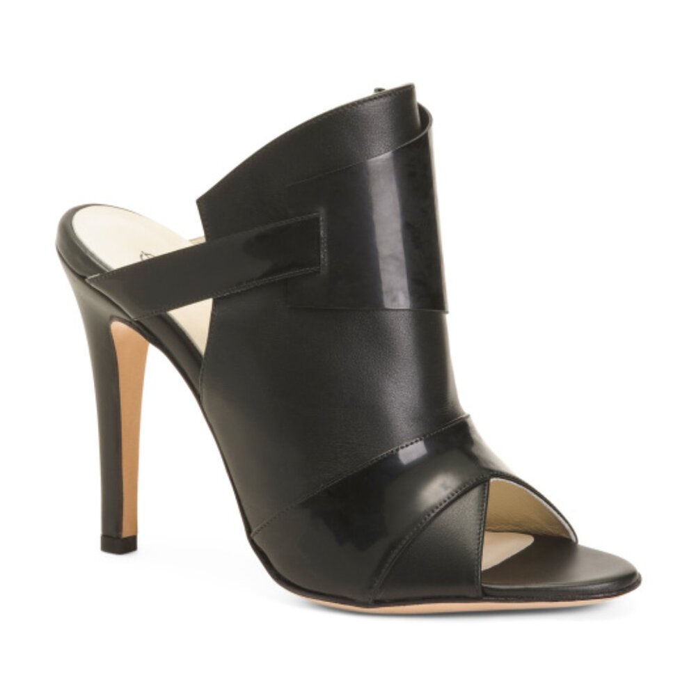 NEW CHRIS DONOVAN Made In Italy Leather Pegasi Heeled Mules in black 1225 18t9